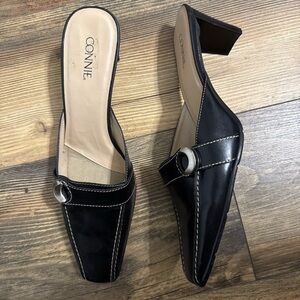 Vintage Connie Black Leather Derby Mules, Square Toe, Buckle Detail, Size 11M